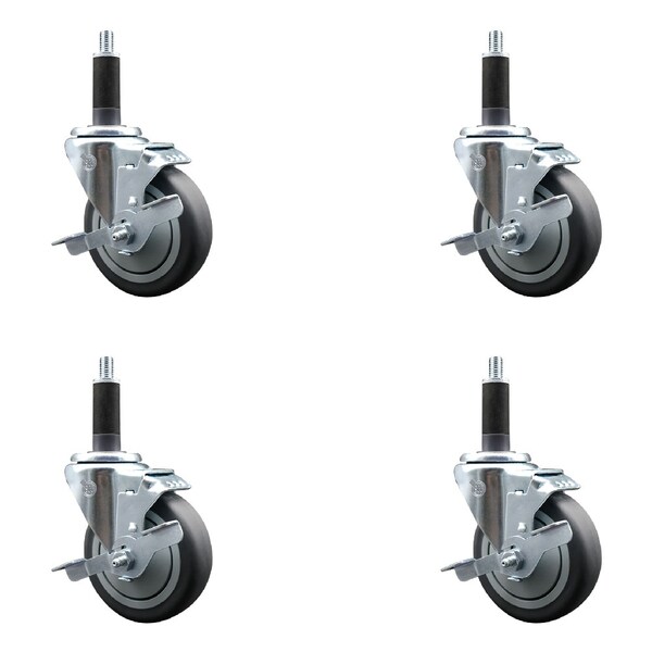 4'' SS Thermoplastic Rubber Swivel 1'' Expanding Stem Caster Set with Brake, 4PK
